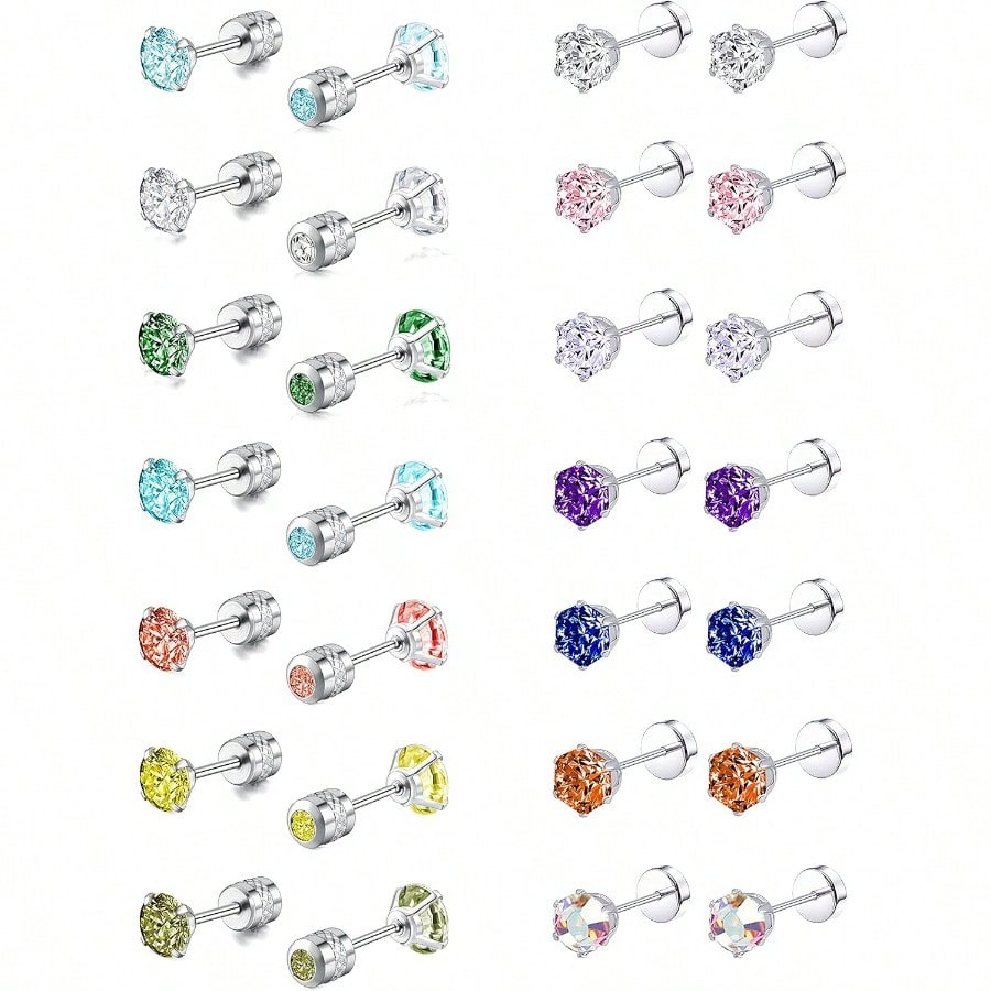 Fashion Earring714 Pairs Stainless Steel CZ Stud Earrings For Women Multicolor Cubic Zirconia Cartilage Helix Earrings Set Screwback 4MM