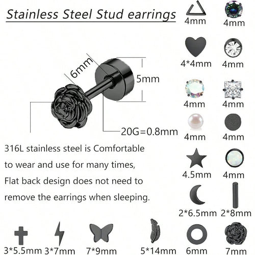 Fashion Earring18 Pairs Stainless Steel Stud Earrings Set For Women Men Star Moon Flower Heart Leaf Opal 20G Cartilage Earrings Hypoallergenic Flatback Earrings Piercing Jewelry