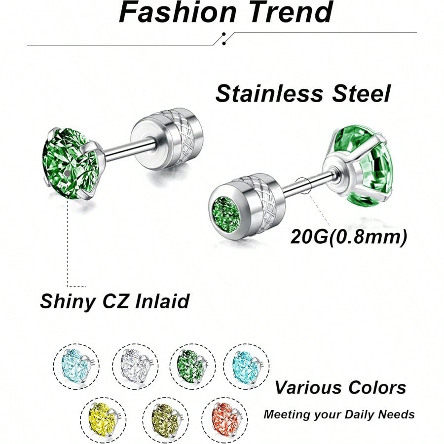 Fashion Earring714 Pairs Stainless Steel CZ Stud Earrings For Women Multicolor Cubic Zirconia Cartilage Helix Earrings Set Screwback 4MM