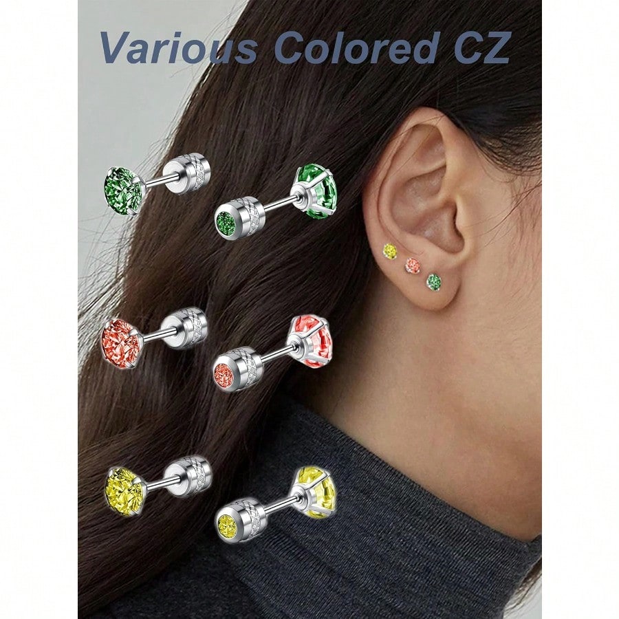 Fashion Earring714 Pairs Stainless Steel CZ Stud Earrings For Women Multicolor Cubic Zirconia Cartilage Helix Earrings Set Screwback 4MM