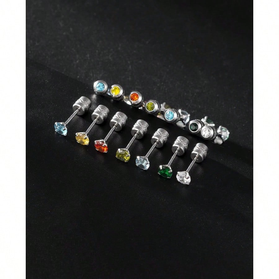 Fashion Earring714 Pairs Stainless Steel CZ Stud Earrings For Women Multicolor Cubic Zirconia Cartilage Helix Earrings Set Screwback 4MM